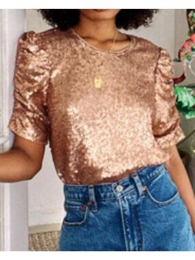 Abercrombie & Fitch Sequin Puff Sleeve Top in Rose Gold Medium